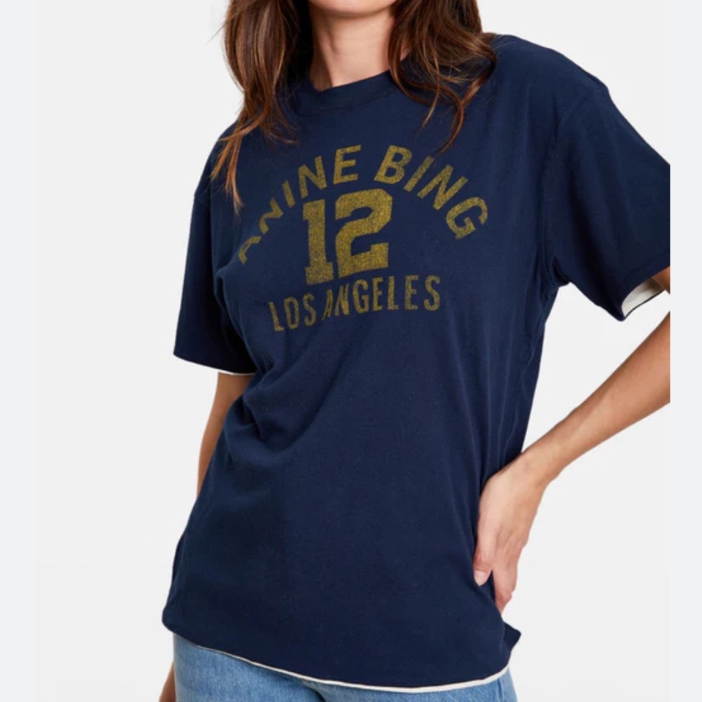 Anine Bing Cream Short-Sleeve Tee with Navy Trim and Graphic - Picture 6 of 7